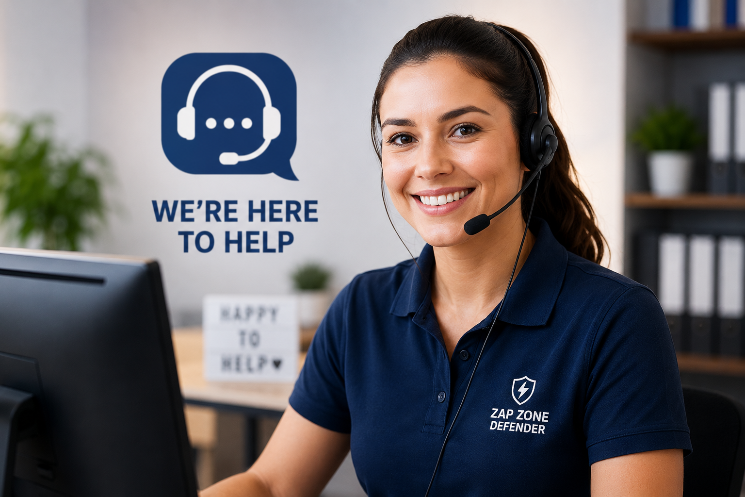 Customer support representative wearing a headset and smiling.