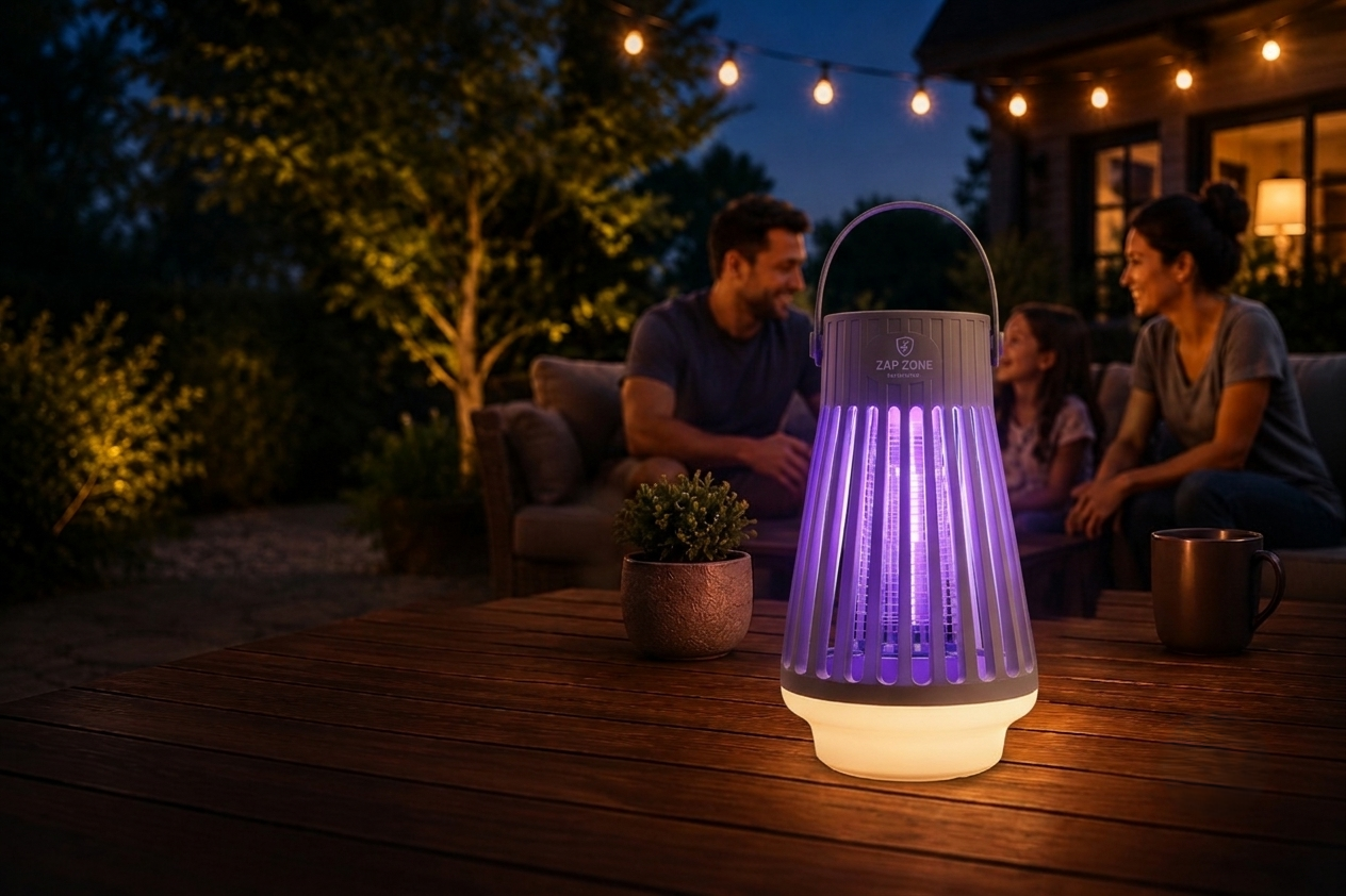 A family enjoying a mosquito‑free evening on the patio while the Zap Zone Defender emits a gentle glow