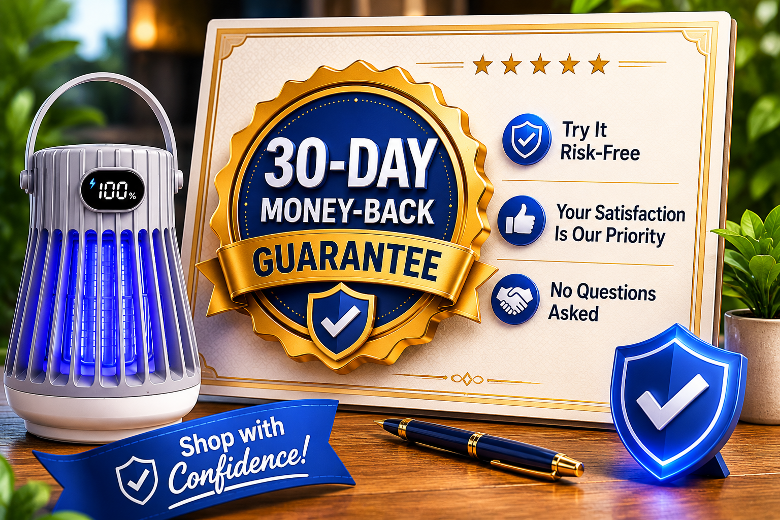 Seal graphic reading 30-Day Money-Back Guarantee on a certificate.