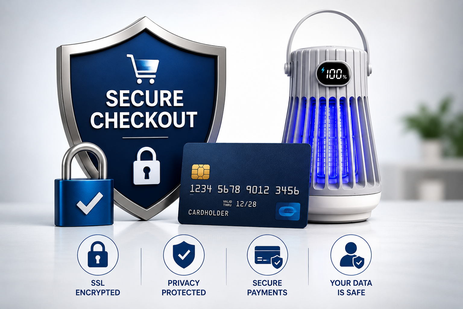 Shield icon representing secure checkout with a lock and credit card.