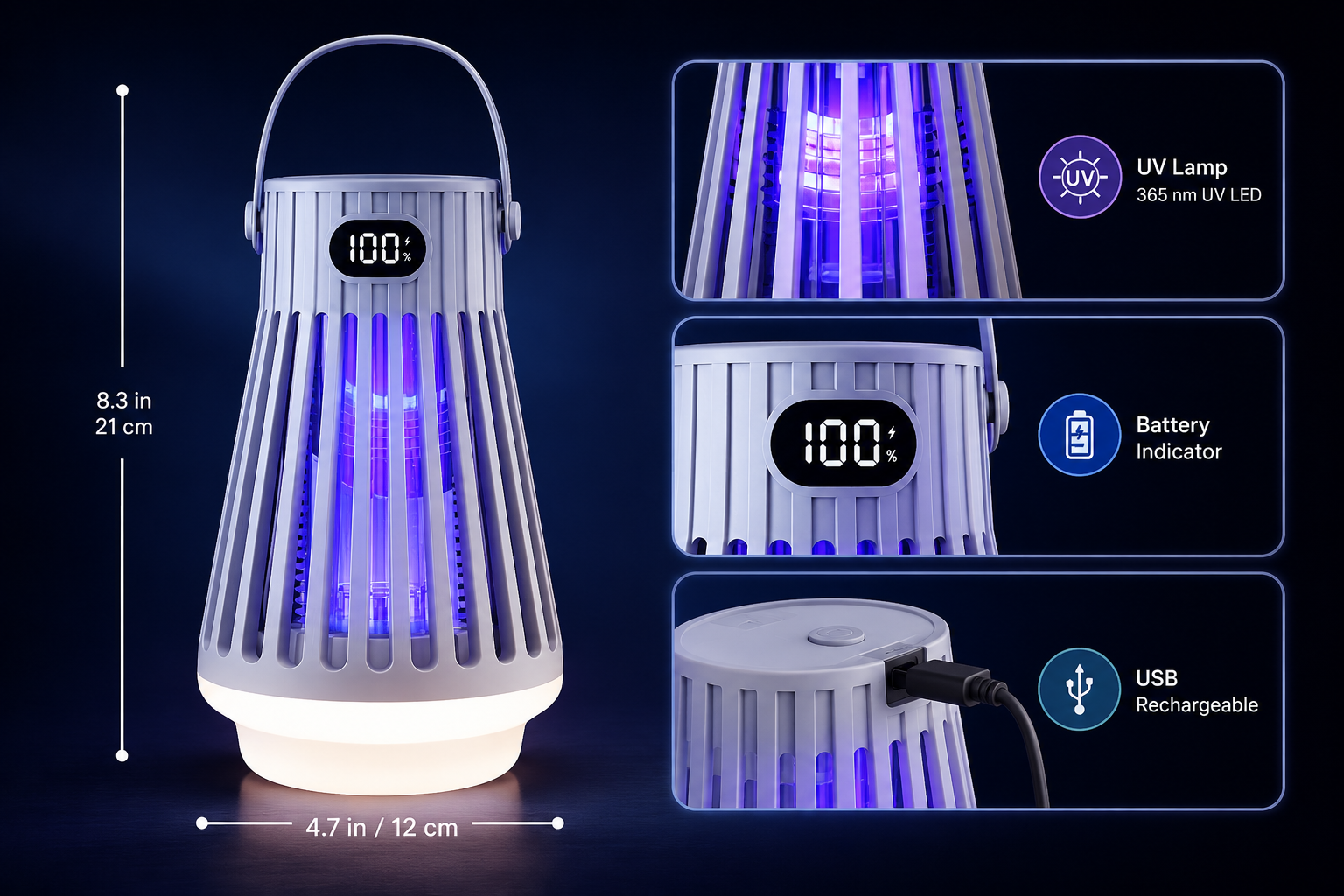 Technical infographic of the Zap Zone Defender showing dimensions, UV lamp and battery indicator.