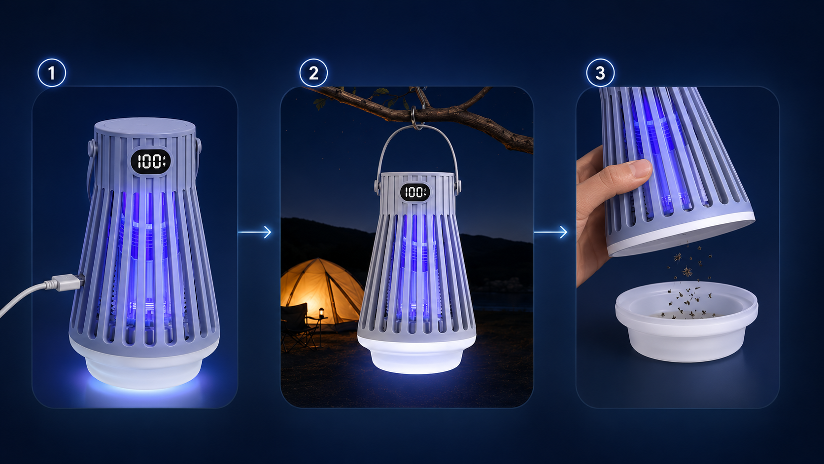 Step‑by‑step illustration showing charging, hanging and cleaning the Zap Zone Defender.