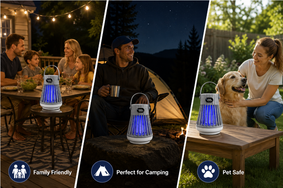 Illustration of different user personas, a family on a patio, a camper in a tent and a pet owner in a backyard, all protected by the Zap Zone Defender.